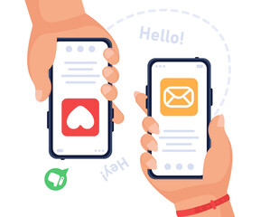 Vector concept of successfully sending messages on a smartphone. E-mail. Hands hold the phone and click to send a message. Fast information via the internet. Can be used for smartphone apps, websites.