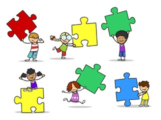 Viele Cartoon Kinder spielen mit Puzzle als Teamwork Konzept