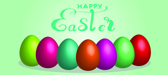 Set of Easter eggs 3d in shiny bright colors, vector drawing for design of a postcard for a spring holiday. A fun weekend with colorful patterns, April or May is a celebration.