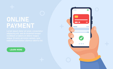 Vector concept of web banner for online payment. The hand holds a smartphone on which the application with payment is open. Successful money transfer. Can be used for websites and mobile applications.