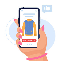 Vector mobile shopping concept. The girl's hand with a manicure holds a smartphone with an open application for online shopping. Add shirt to cart. Buying things from online stores.
