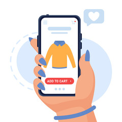 Vector mobile shopping concept. The girl's hand with a manicure holds a smartphone with an open application for online shopping. Add the sweater to the basket. Buying things from online stores.