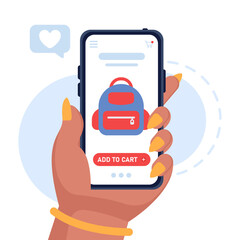 Vector mobile shopping concept. The girl's hand with a manicure holds a smartphone with an open application for online shopping. Add the backpack to the basket. Buying things from online stores.