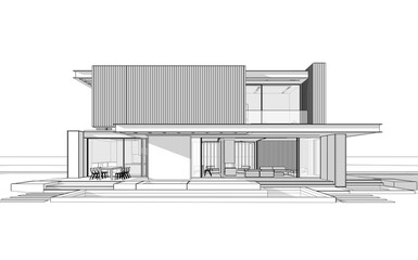 3d rendering of modern cozy house with parking and pool for sale or rent with wood plank facade.  Black line sketch with soft light shadows on white background.