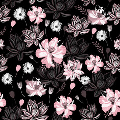 Seamless Floral Pattern on a Dark Background with Pink and White Flowers. Garden Flowers Background. Surface design for Fabrics, Packaging, Wrapping paper, Prints, Banners