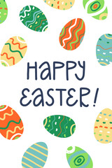 Greeting lettering Happy Easter, vertical stories banner. Decorated Easter eggs with textured brushstroke painting.