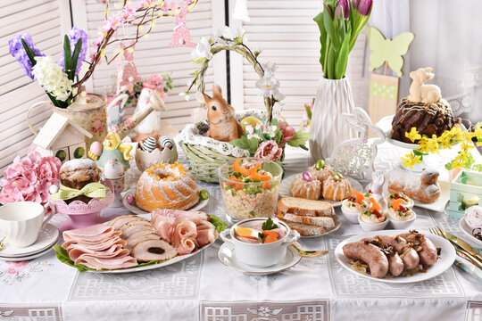 traditional Easter dishes on festive table in Poland