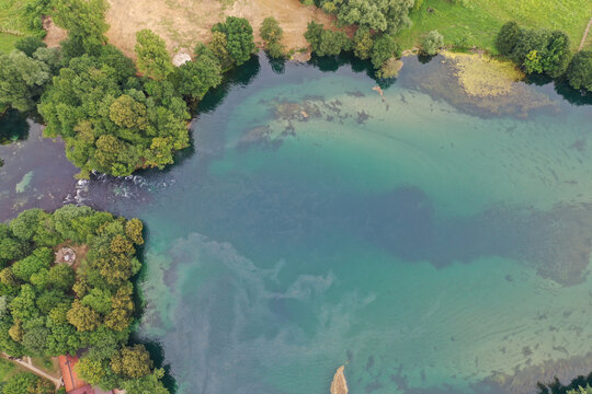 Aerial view of a lake in Bosnia and Herzegovina