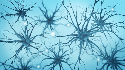 Neurons. Active nerve cells. Neural network background. Toned in blue. 3d illustration. Medical illustration.