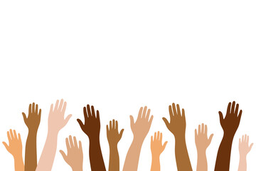 Diverse people hands on isolated background.Group of people with raised arm for celebration or friend community concept.Vector illustration of men and women arms.