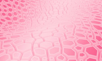 Parametric hexagonal background. Pink modern polygonal surface. 3d rendering illustration. Cells backdrop. Abstract wave wall.