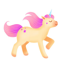 Adorable Unicorn illustration isolated on white. Childish cartoon character with funny pony with magical horn.