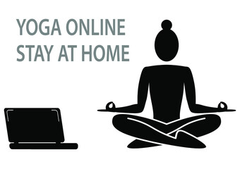 Woman meditating doing online yoga at home, Icon girl is meditating 