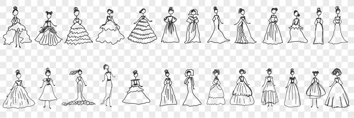 Feminine elegant dresses doodle set. Collection of hand drawn stylish fashionable elegant dresses for cocktails party wedding ball or carnival isolated on transparent background