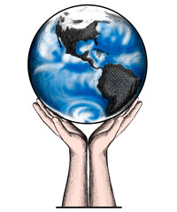 drawn with black lines of blue planet earth in the hands of a man