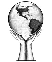 drawn with black lines, the planet earth is in the hands of a man