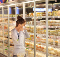 supermarket shopping, face mask and gloves,Woman choosing a dairy products at supermarket