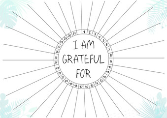 Obraz premium Gratitude log, printable A4 paper sheet with blank lines to fill and tropical leaves. Minimalist planner of grateful for journal page, tracker, daily planner template, blank for notebook.