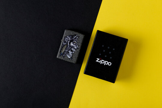 Jeddah Saudi Arabia February 17 2021 Zippo lighter on a colored background retro lighter.Zippo lighters have gained popularity as windproof lighters.