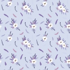 Seamless botanical pastel pattern in pink, purple and white colors. Textured cotton flowers. The pattern can be used for bed linen, wedding cards, pillows.