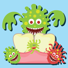 tooth bacteria and tooth for dentistry or stomatologist or dental clinic poster. flat vector illustration