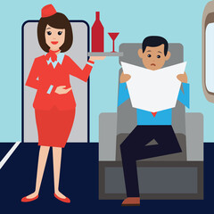 flight attendants on airplane business class cabin with passengers doing work on airplane business class cabin. vector illustration