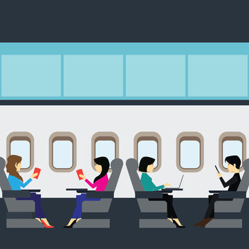 businessman and businesswoman passenger doing work on airplane business class cabin. vector illustration
