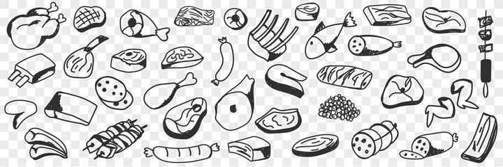 Meat sausages fish doodle set. Collection of hand drawn edible sausage poultry chicken salami fish barbecue bacon wings and legs for eating isolated on transparent background