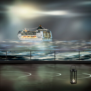 Vision; Blick von Deck eines Kreuzfahrtschiffes, auf ein vorbeifahrendes Kreuzfahrtschiff, am Abend. Warten auf Neustart !