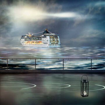 Vision; Blick von Deck eines Kreuzfahrtschiffes, auf ein vorbeifahrendes Kreuzfahrtschiff, am Abend. Warten auf Neustart !