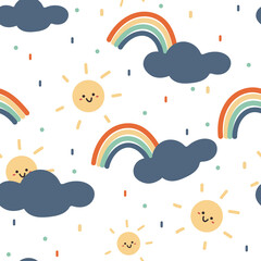 Seamless pattern with cute cartoon sun, clouds and rainbow for fabric print, textile, gift wrapping paper. colorful vector for kids, flat style