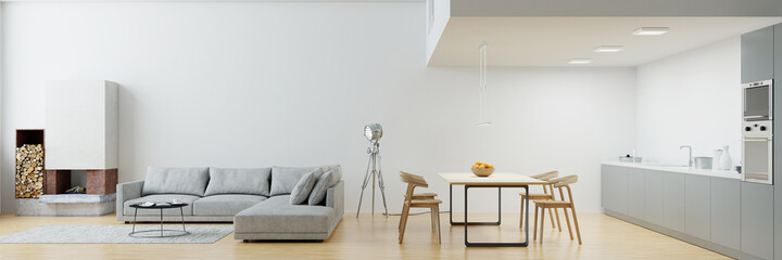 Wohnküche mit Kamin und Sofa im modernen Loft - obrazy, fototapety, plakaty