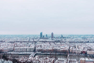 View of city of Lyon covered in snow.