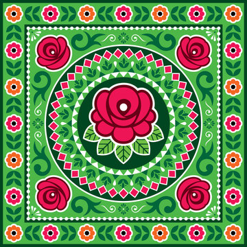 Pakistani and Indian truck art vector design with roses, floral motif mandala, Diwali vibrant pattern
