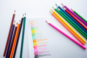 Composition of watercolor pencils. Color chart for demonstration and learning colors, selection of colors.
