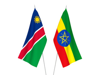 National fabric flags of Ethiopia and Republic of Namibia isolated on white background. 3d rendering illustration.