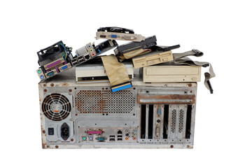 Pile of electronic waste, Rusty old computer cases and obsolete computer hardware such as...