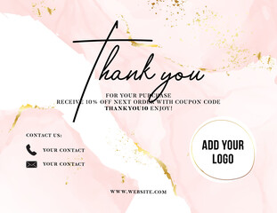 Thank You Card watercolor pink gold, customer service women business card , promotion Voucher , post purchase insert. Elegant greeting  template, printable custom small business card
