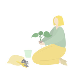Girl plants flower in a pot. Home plant care and transplantation. Isolated vector flat illustration with space for text. Trendy colors.