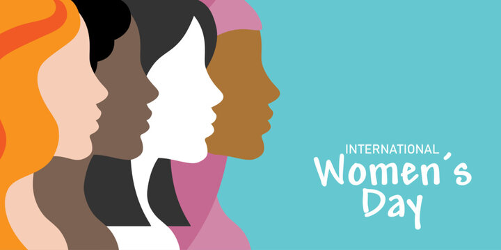 International women's day poster. Profile faces of different races. Space for text
