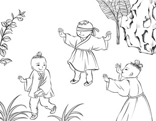 Children's book illustration, ancient Chinese story, hide and seek, digital art, black and white.