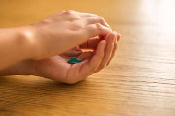 Hands protecting and covering a wooden car. Vehicle safety concept