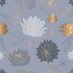 Modern seamless pattern with grey and gold spring flowers. Grey floral background for textile, fabric manufacturing, wallpaper, covers, surface, print, gift wrap, scrapbooking. Vector.