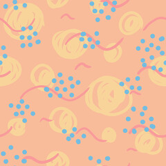 Blue, pink, yellow repeating pattern. Seamless texture. Abstract ornament. Peach in the sky, grapes