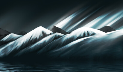 Fototapeta na wymiar Mountain landscape background, snow-capped mountains, neon glow, water reflection. 3d illustration