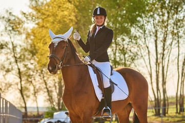 Girl equestrian rider riding a beautiful horse  in the rays of the setting sun. Horse theme 