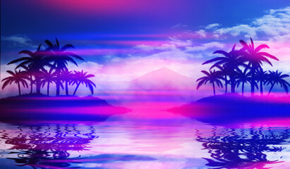 Fototapeta na wymiar Beach party empty scene background. Tropical palms against a background of mountains, water reflection, neon lighting, laser show. 3d illustration