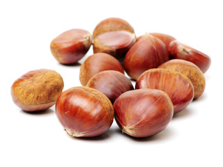 chinese food, peeled roasted chestnut on white background 