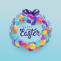 Easter wreath with easter eggs. Decorative frame from Easter eggs and floral elements. Easter eggs with ornaments in circle shape. Greeting card. Vector illustration. Isolated on white background.