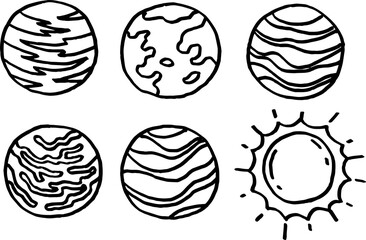 Space-themed set six planets in black and white for coloring